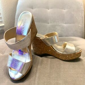 New Jimmy Choo Hologram Metallic Silver Python Suede Parker Cork Wedge Sandal 39